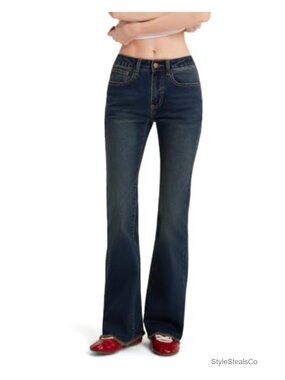 Stretchy Bootcut Jeans Raw Hem Low Rise Flare Denim Women